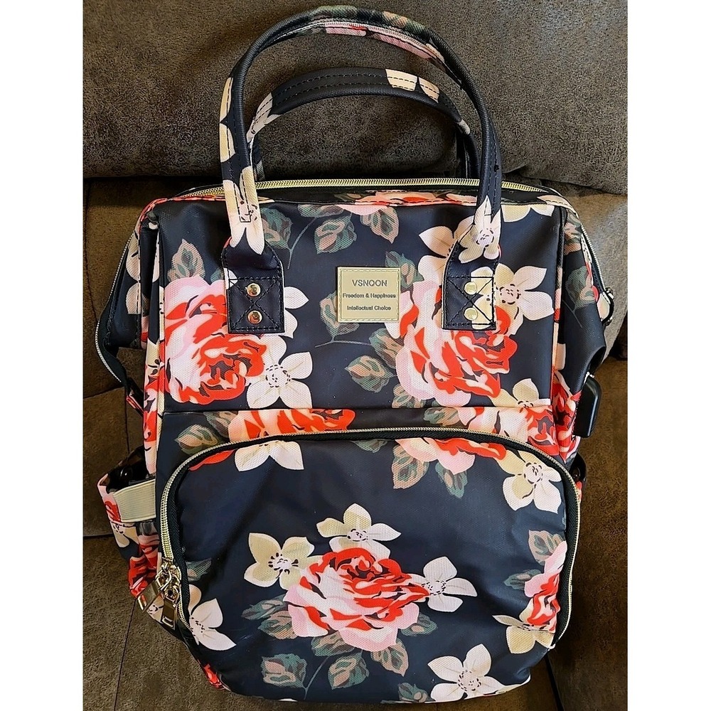 Black‎ Floral Diaper Bag Backpack USB Opening RFID Travel Laptop Organizer Bag